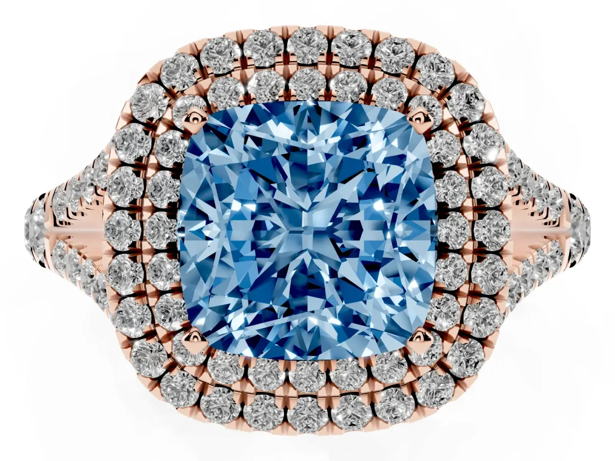 Fancy Blue Cushion Cut Diamond Pavé Split Shank Double Halo Engagement Ring Rose gold
