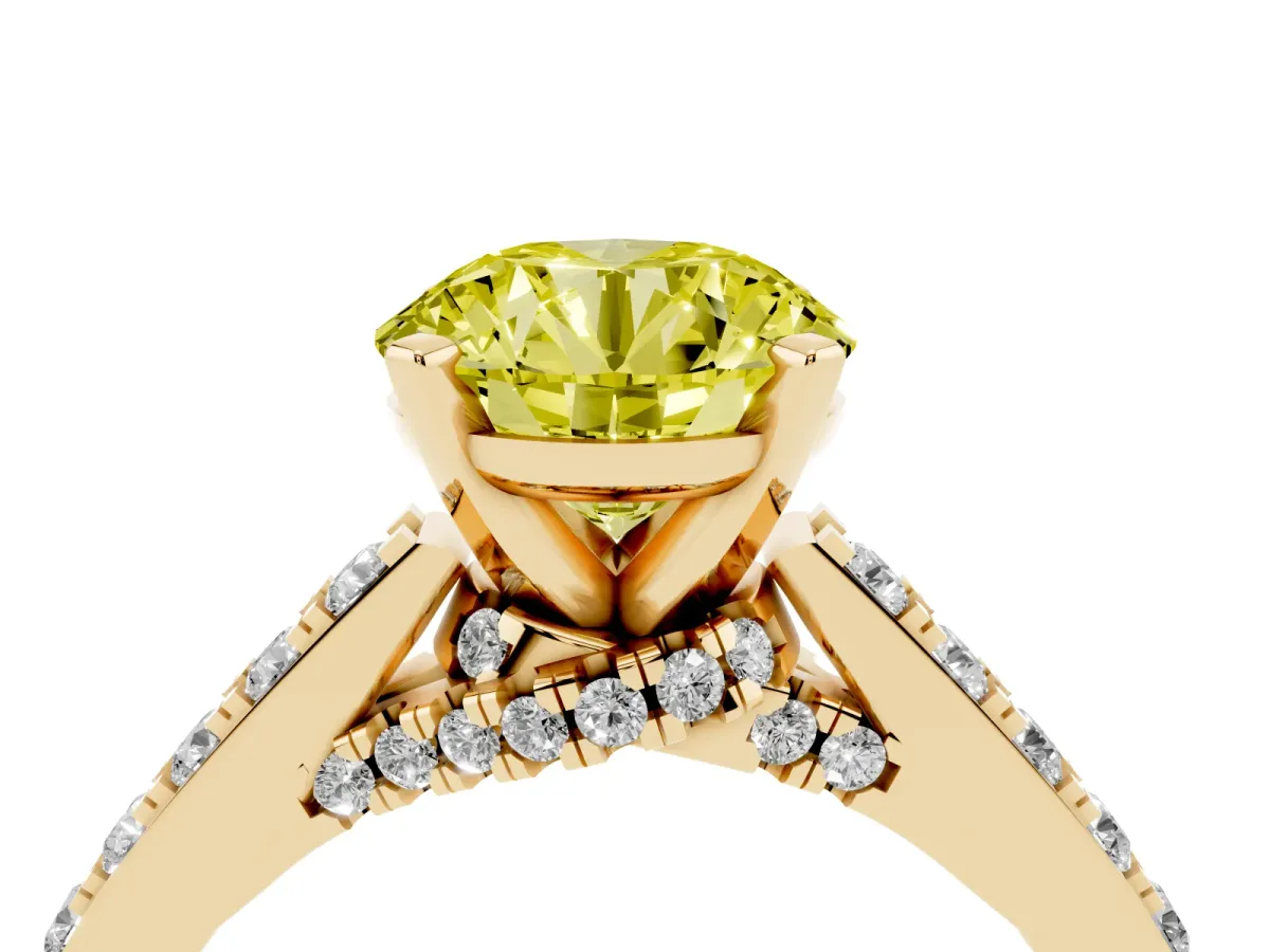 Fancy Yellow Round Cut Diamond Solitaire Ring with Crossover Gallery and Round Pavé Band Yellow gold
