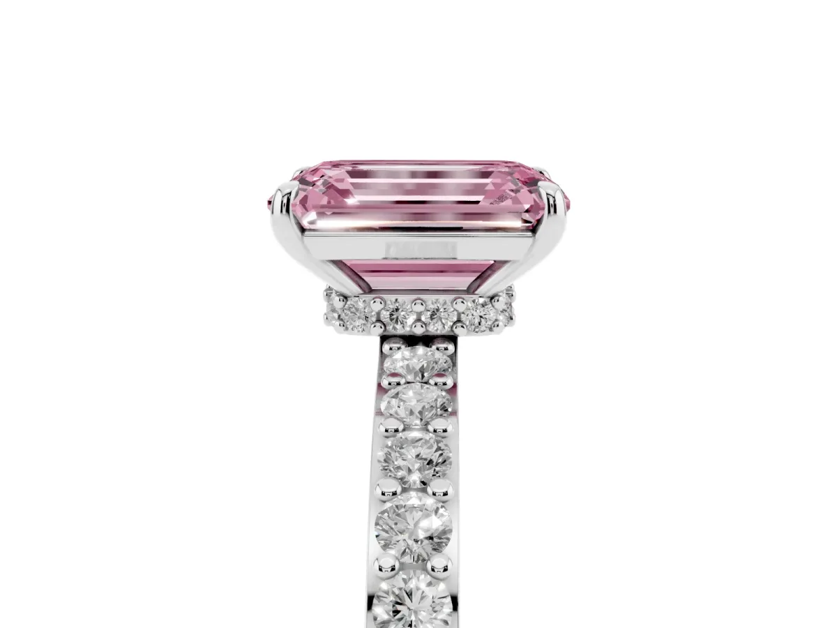 Fancy Pink Emerald Cut Diamond Pavé Engagement Ring with Round Accents and Prong Setting White gold