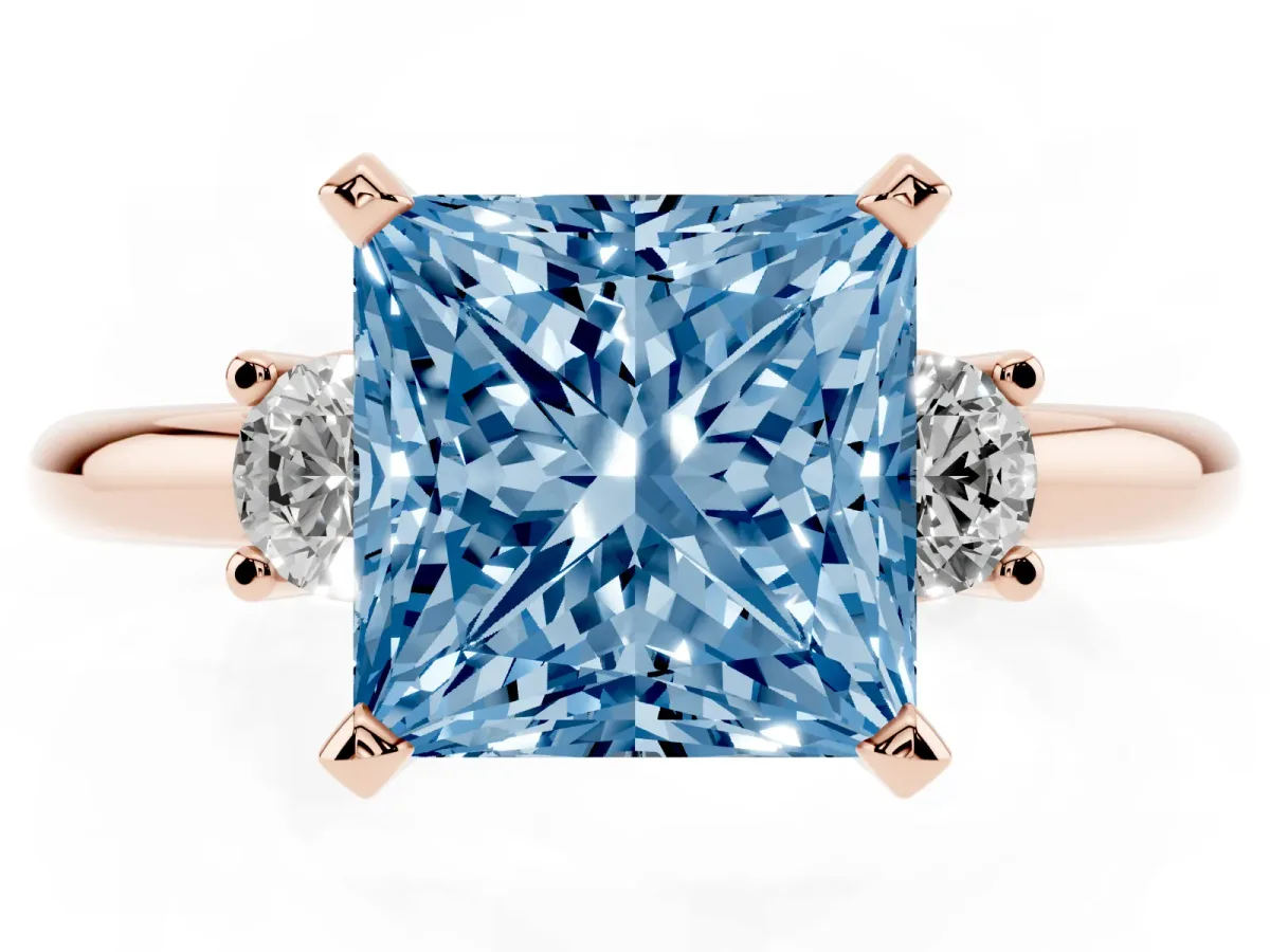Fancy Blue Three-Stone Princess Cut Cut Diamond Solitaire with Prong Setting and Classic Band Rose gold