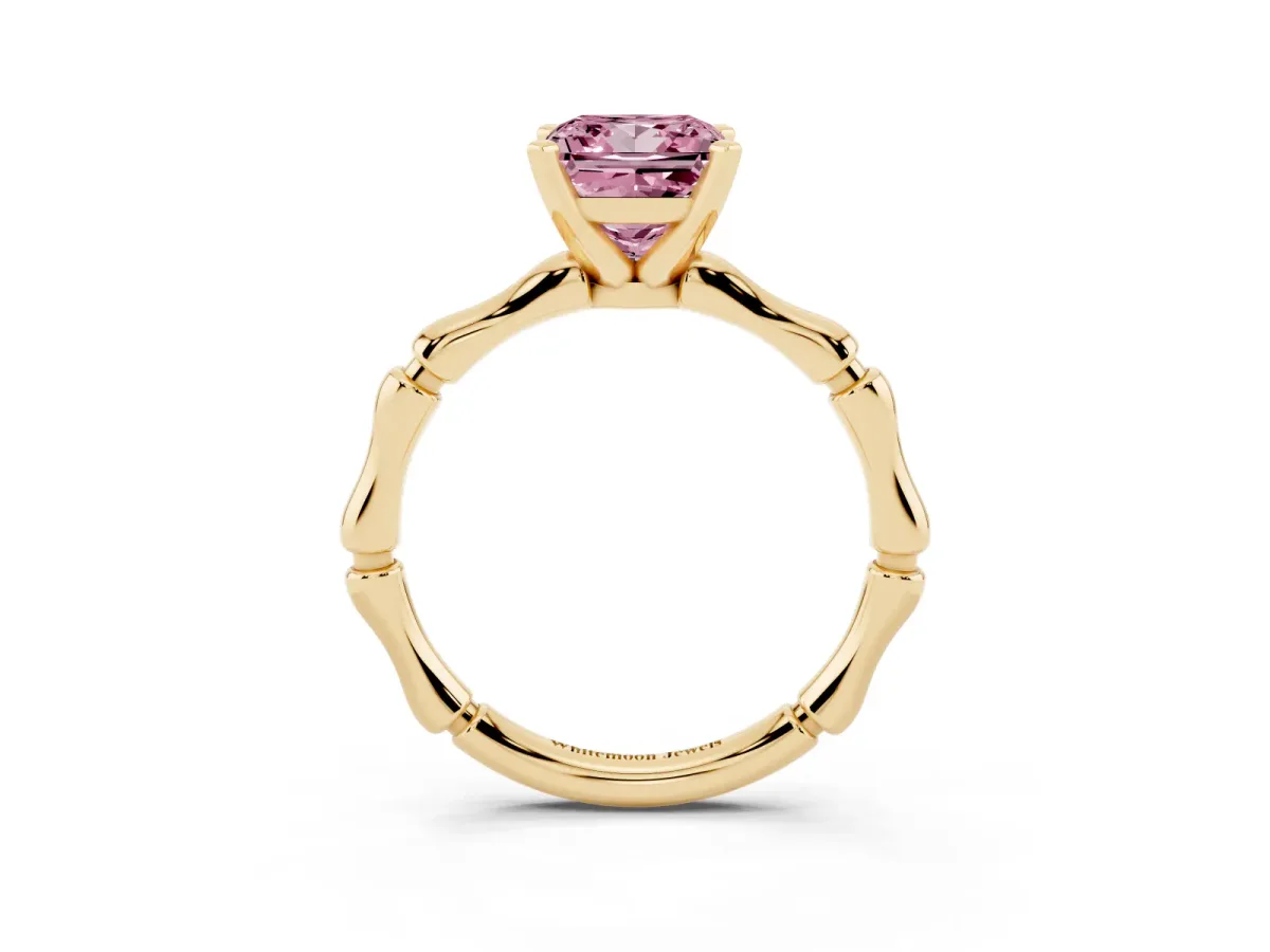 Fancy Pink Princess Cut Solitaire Diamond Ring with Bamboo Band and Four-Prong Setting Yellow gold
