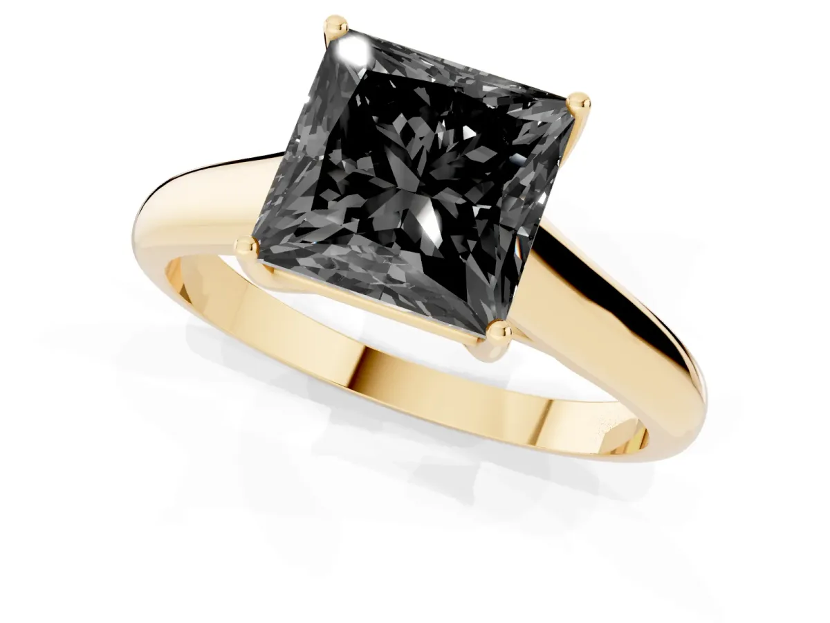 Fancy Black Princess Cut Solitaire Engagement Ring with Tapered Band and Four-Prong Setting Yellow gold