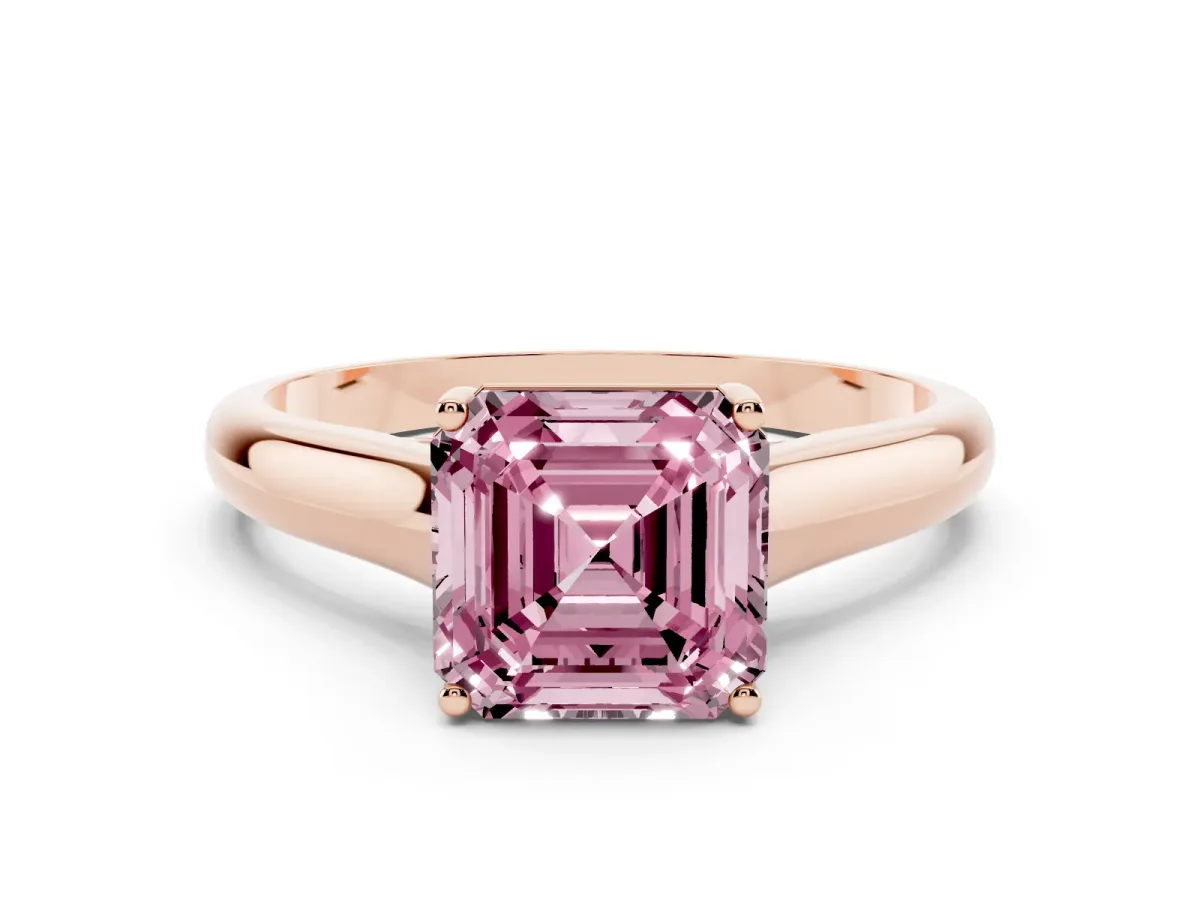 Fancy Pink Asscher Cut Solitaire Engagement Ring with Tapered Band and Four-Prong Setting Rose gold
