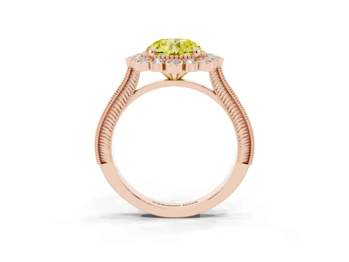 Fancy Yellow Round Cut Halo Milgrain Pave Diamond Ring with Four-Prong Setting Rose gold