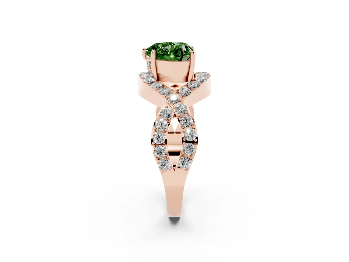 Fancy Green Heart Cut Solitaire Twist Band Pavé Diamond Engagement Ring Rose gold