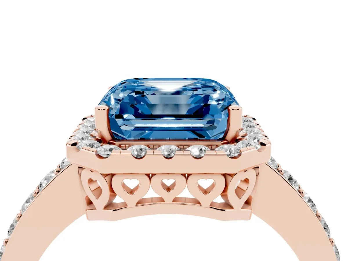 Fancy Blue Asscher Cut Halo Diamond Pavé Band Ring with Prong Setting Rose gold