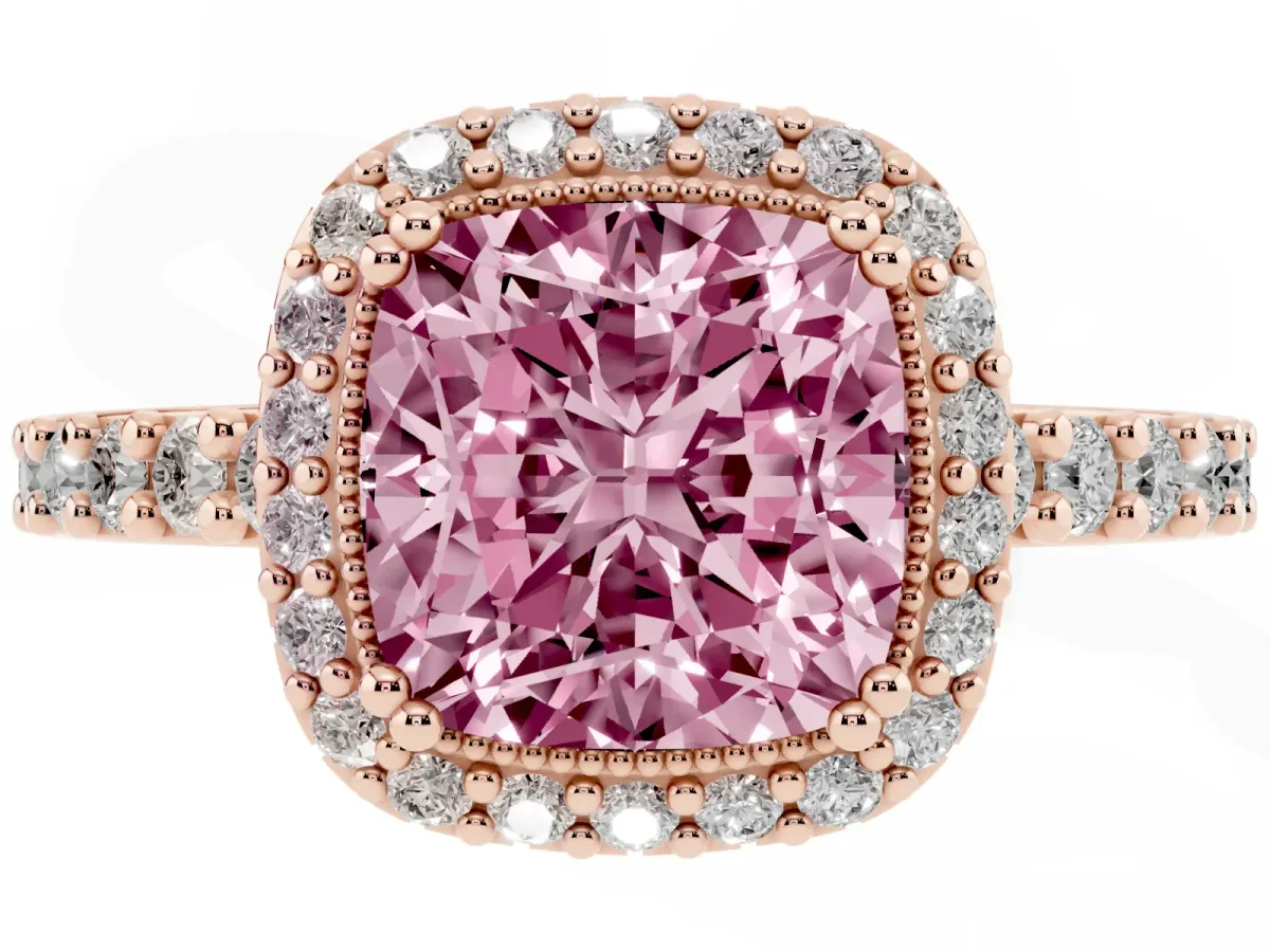 Fancy Pink Cushion Cut Cut Diamond Halo Engagement Ring with Milgrain Detail and Pavé Band Rose gold