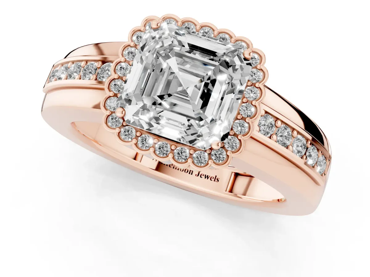 Asscher Cut Cut Halo Pave Band Four-Prong Ring Rose gold
