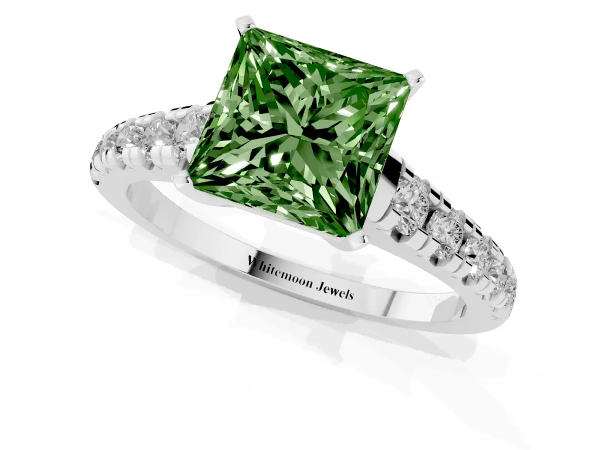 Fancy Green Princess Cut Diamond Cathedral Solitaire Ring with Round Pavé Band Silver