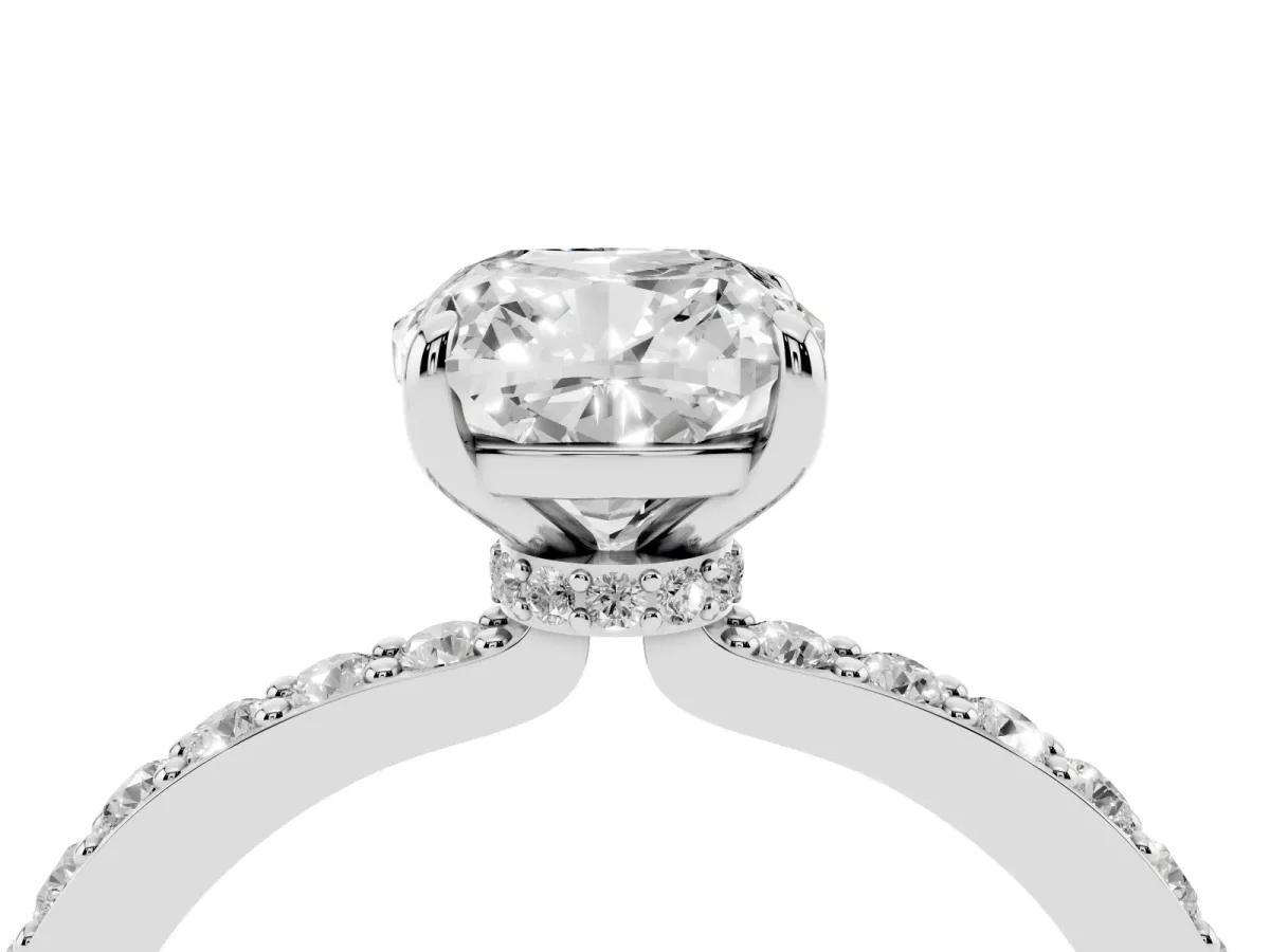 Cushion Cut Diamond Pavé Engagement Ring with Round Accents and Prong Setting Platinum