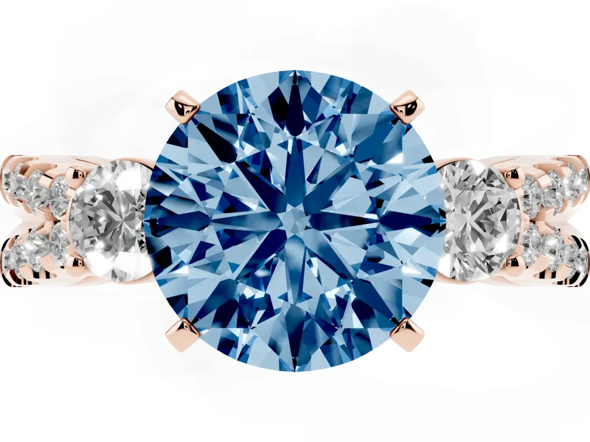 Fancy Blue Round Cut Diamond Three-Stone Ring with Pavé Split Shank and Four-Prong Setting Rose gold