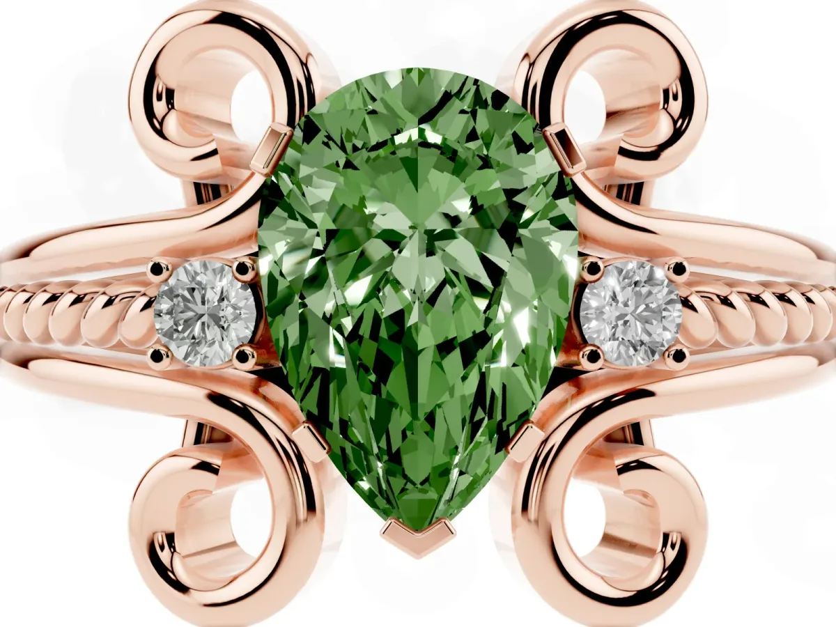 Fancy Green Pear Cut Solitaire Twisted Band Scroll Prong Ring Rose gold
