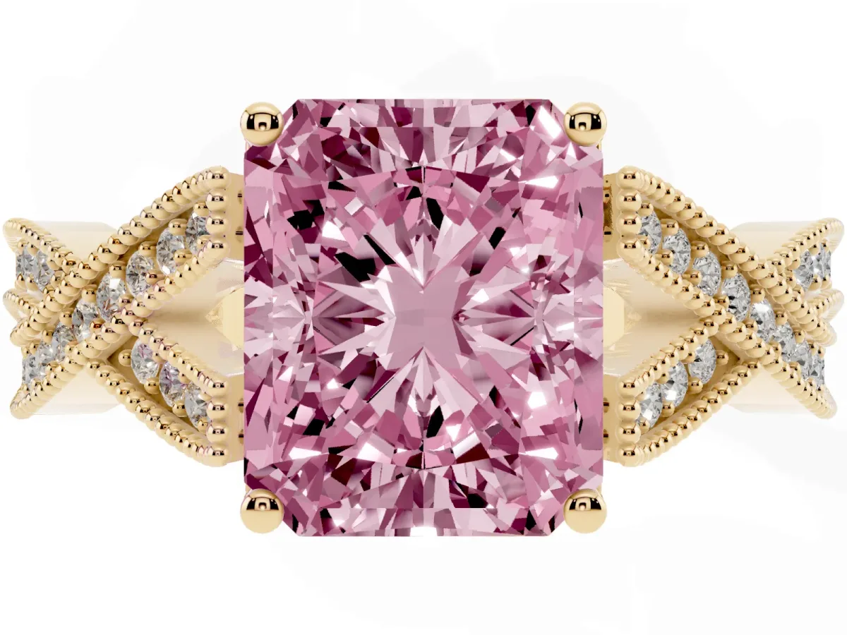 Fancy Pink Radiant Cut Cut Diamond Twisted Band with Milgrain Pave Setting and Four-Prong Setting Yellow gold