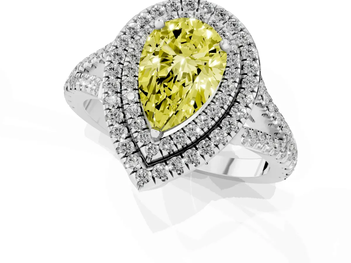 Fancy Yellow Pear Cut Diamond Double Halo Ring with Pavé Band and Prong Setting Platinum