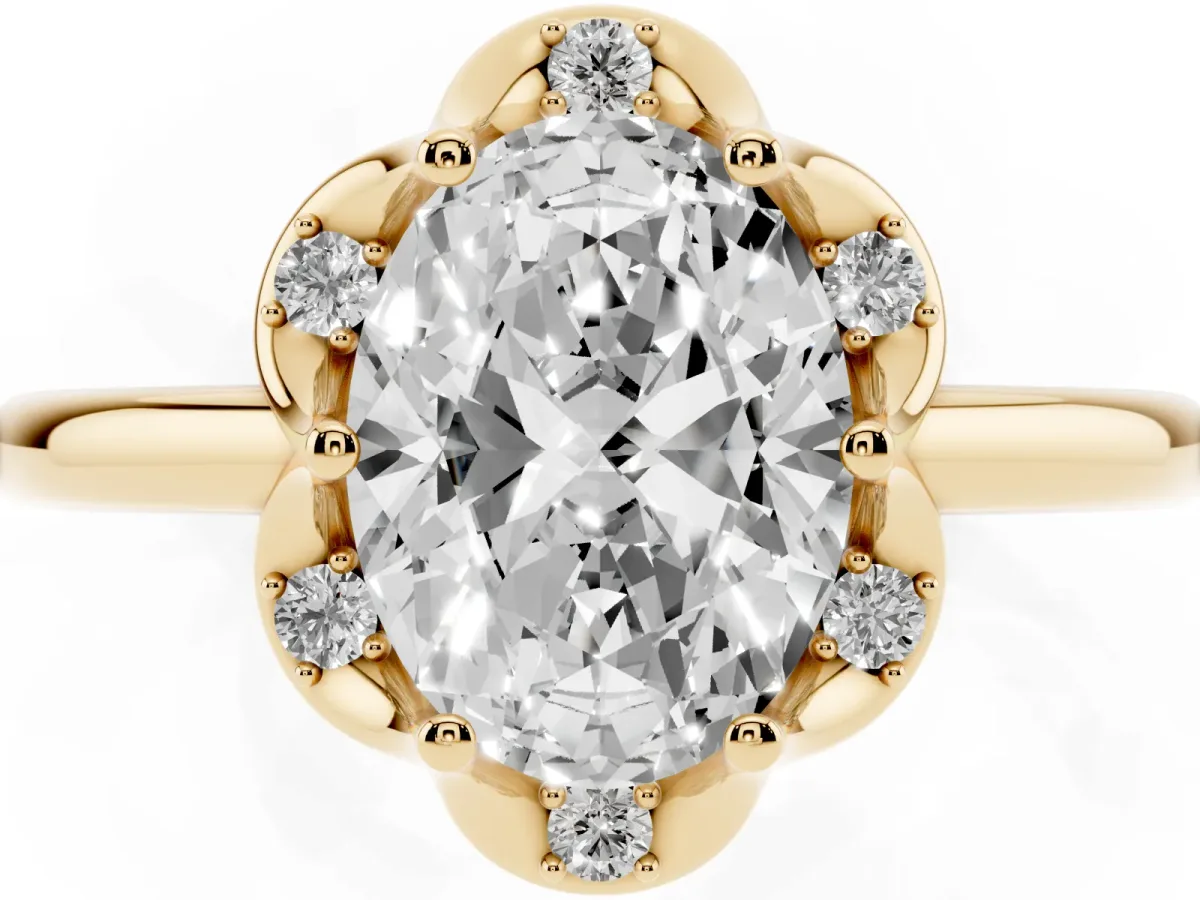 Oval Cut Halo Diamond Ring with Round Cluster Setting, Solitaire Band, and Four-Prong Setting Yellow gold