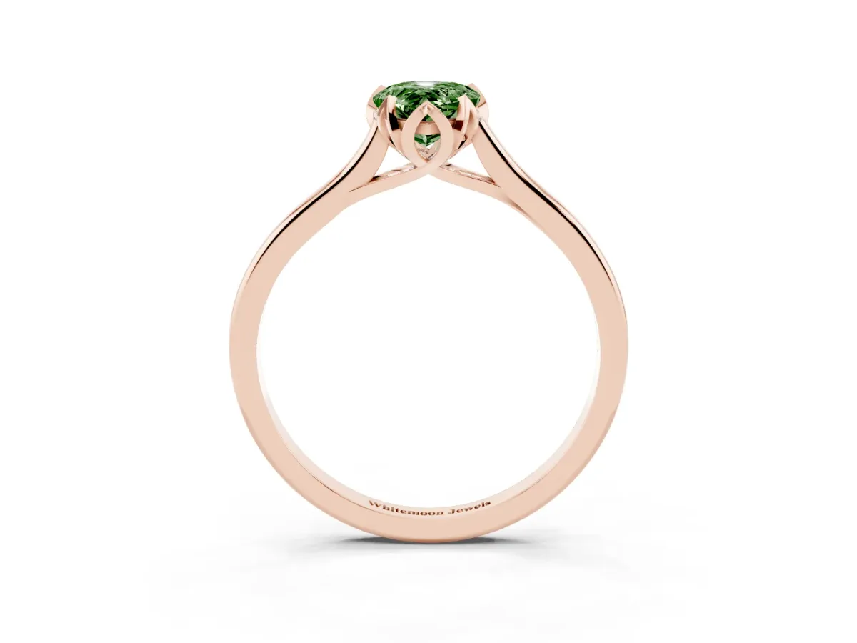 Fancy Green Pear Cut Diamond Solitaire Ring with Flower Prong Setting and Classic Band Rose gold