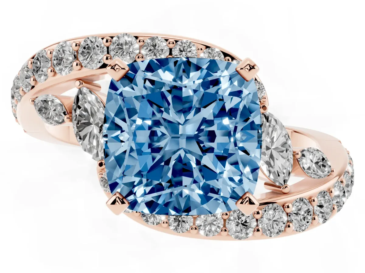 Fancy Blue Cushion Cut Diamond Solitaire Ring with Filigree Band and Four-Prong Setting Rose gold
