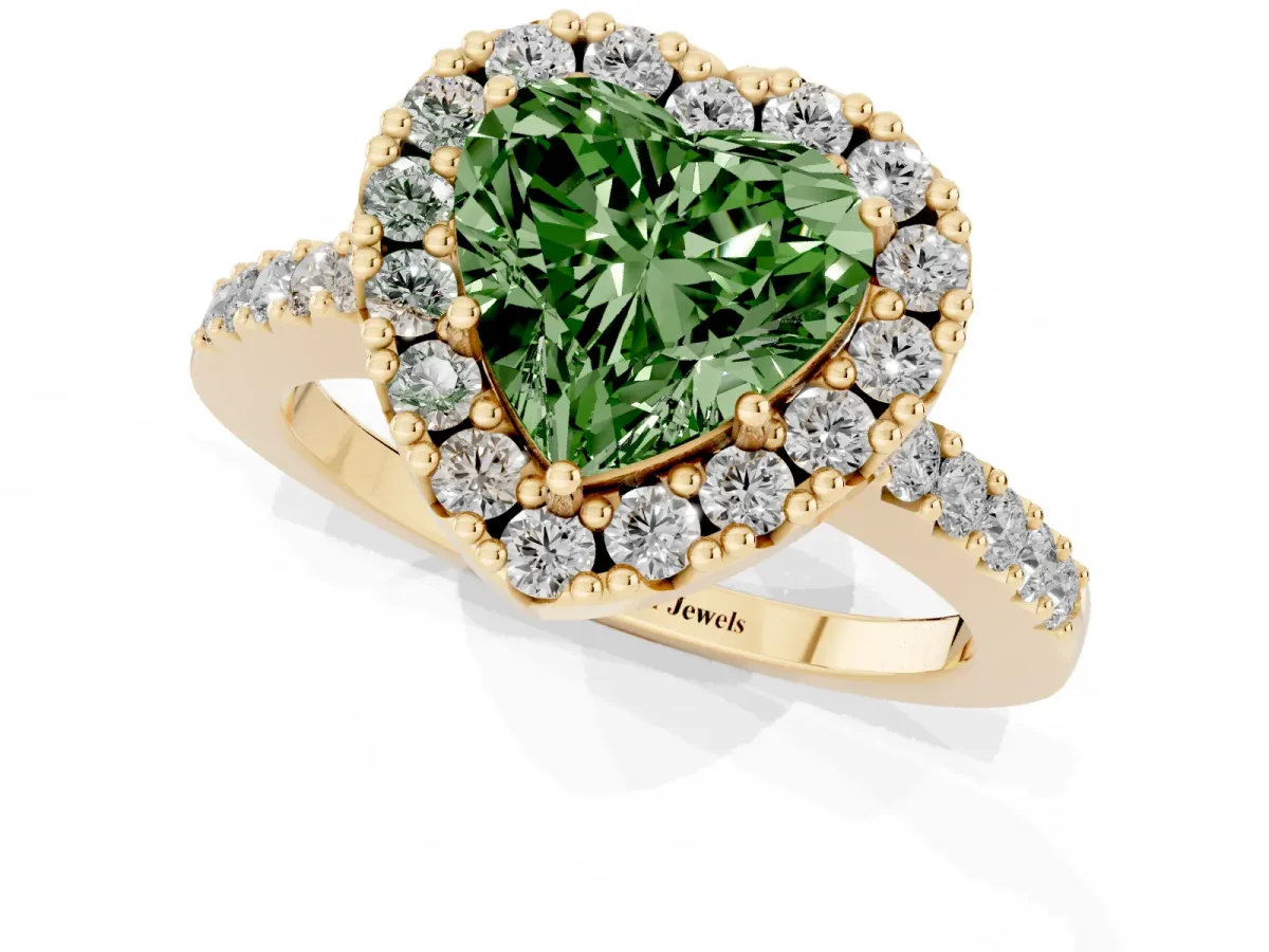 Fancy Green Heart Cut Halo Diamond Pavé Solitaire Ring Yellow gold