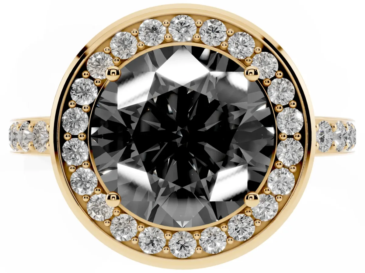 Fancy Black Round Cut Diamond Halo Ring with Bezel Frame and Pavé Band Yellow gold