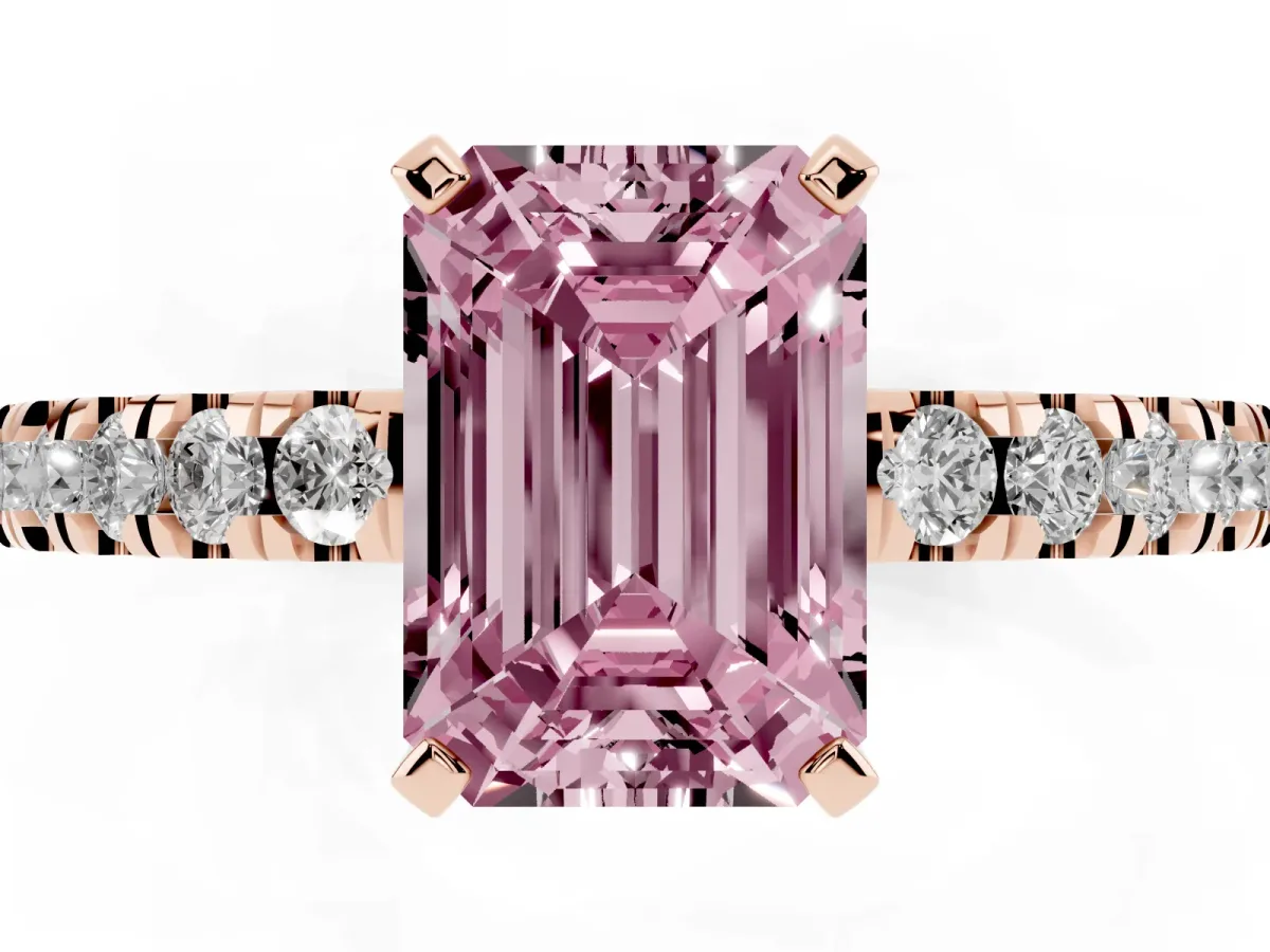 Fancy Pink Emerald Cut Solitaire Diamond with Pavé Band and Four-Prong Setting Rose gold