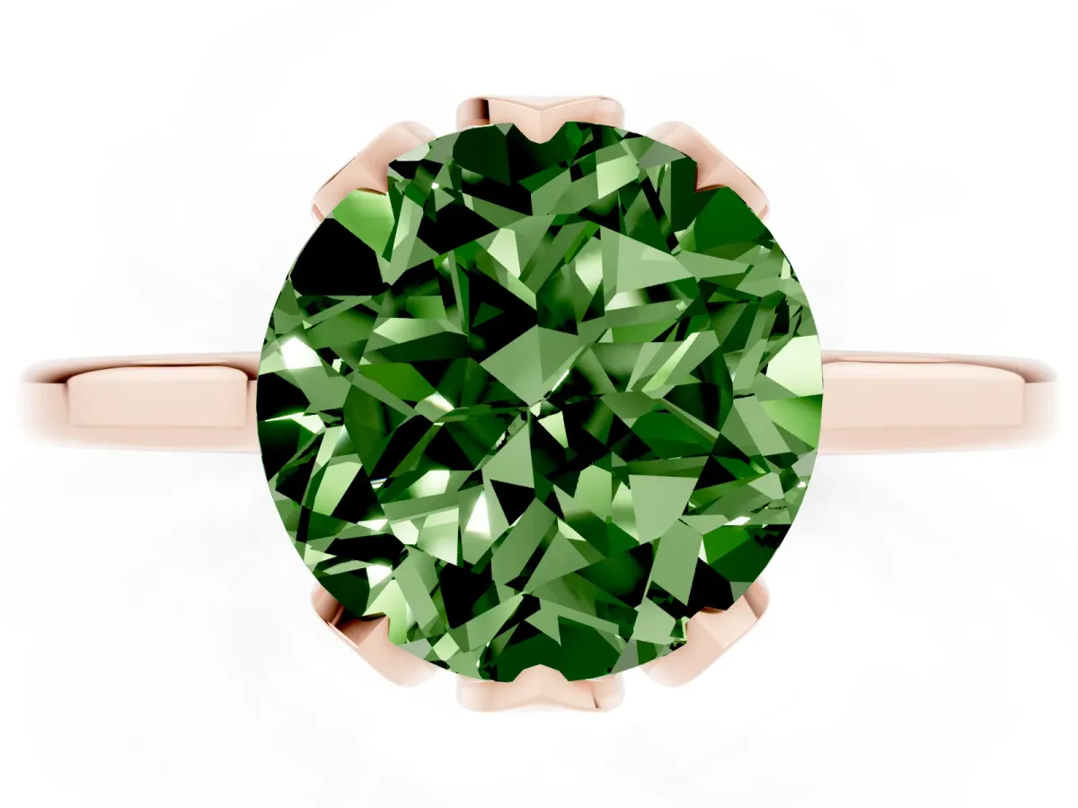 Fancy Green Round Cut Diamond Solitaire Ring with Flower Prong Setting and Classic Band Rose gold