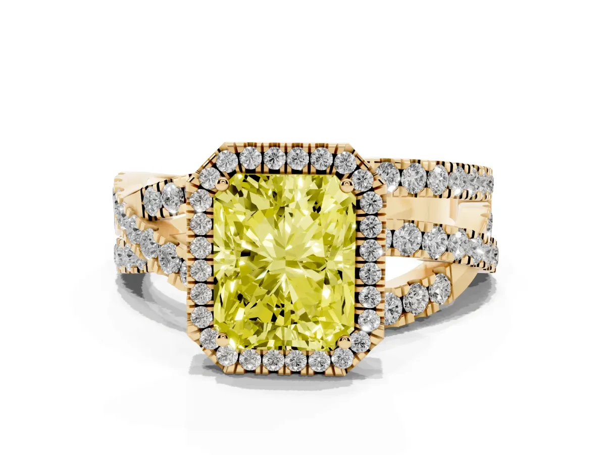 Fancy Yellow Radiant Cut Diamond Halo Ring with Round Split Shank and Prong Setting Yellow gold