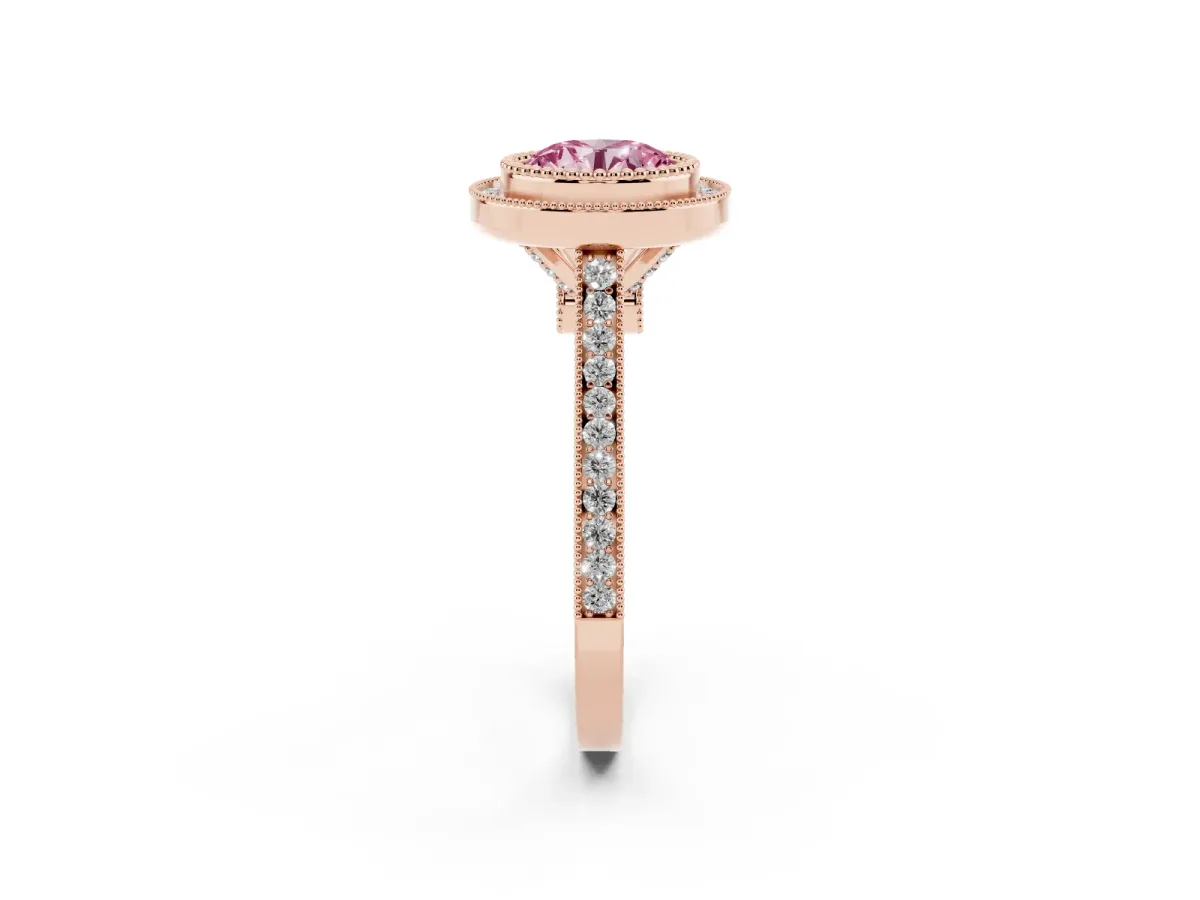 Fancy Pink Round Cut Diamond Halo Ring with Milgrain Frame and Pavé Band Rose gold