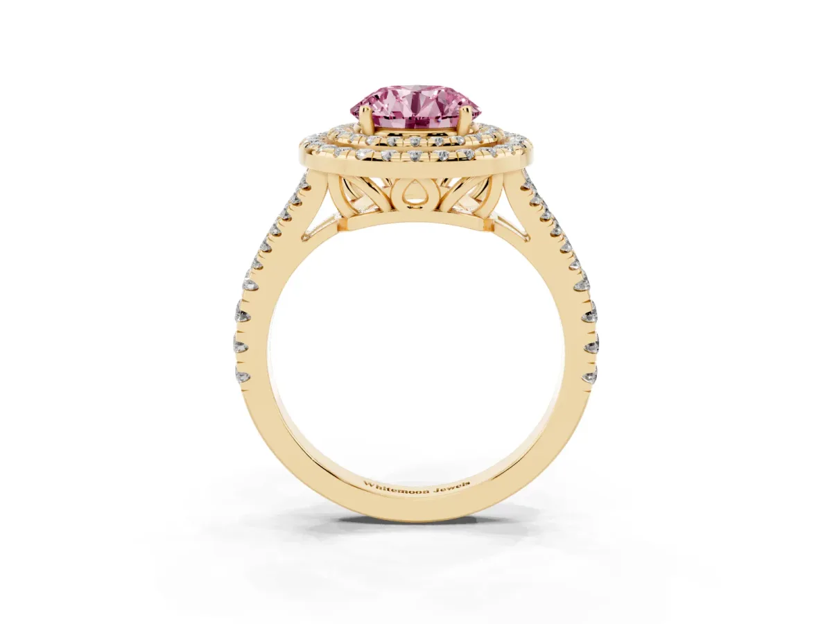 Fancy Pink Round Cut Diamond Double Halo Ring with Pavé Band and Prong Setting Yellow gold