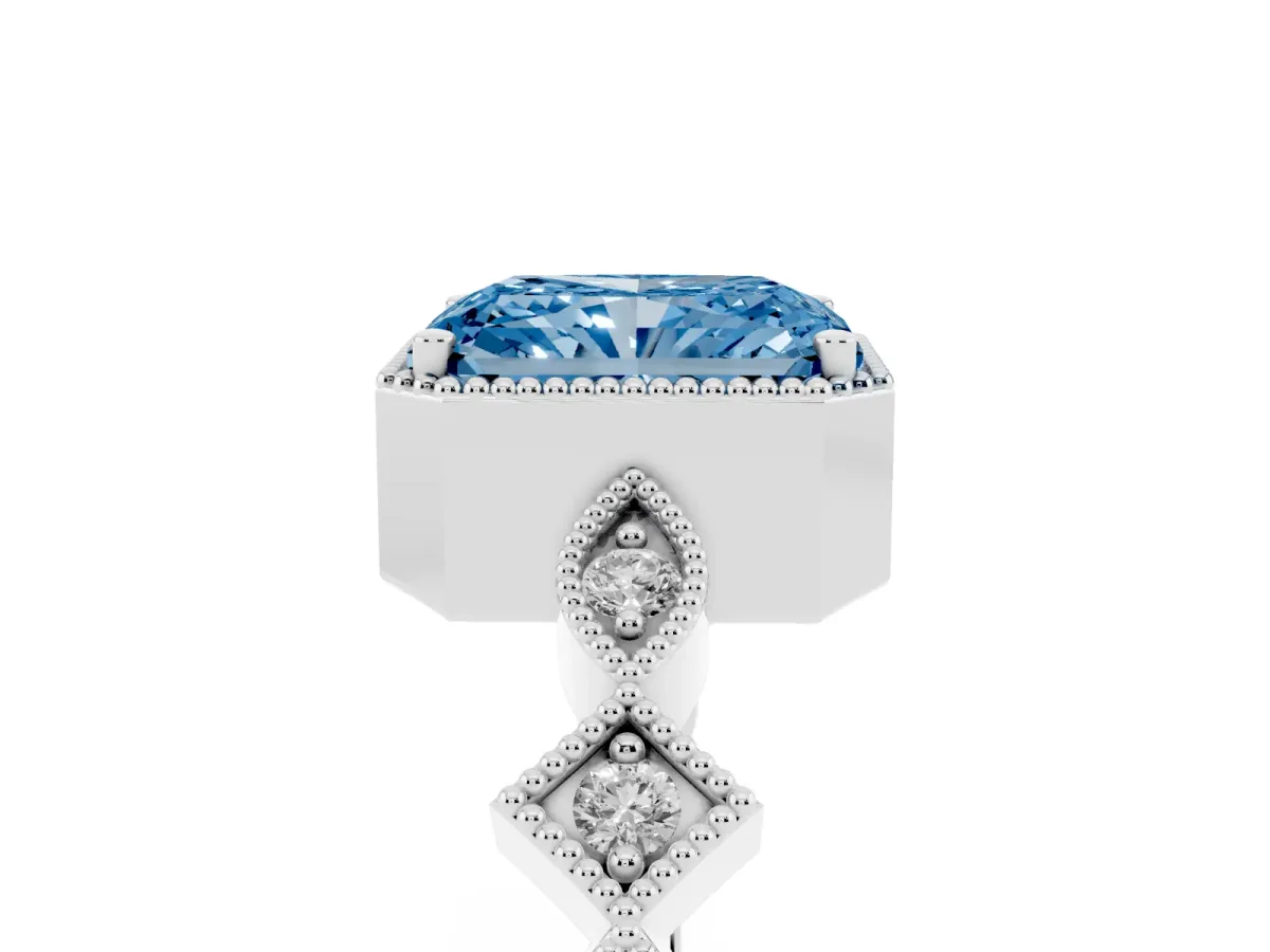 Fancy Blue Radiant Cut Milgrain Marquise Diamond Twist Band Ring Silver