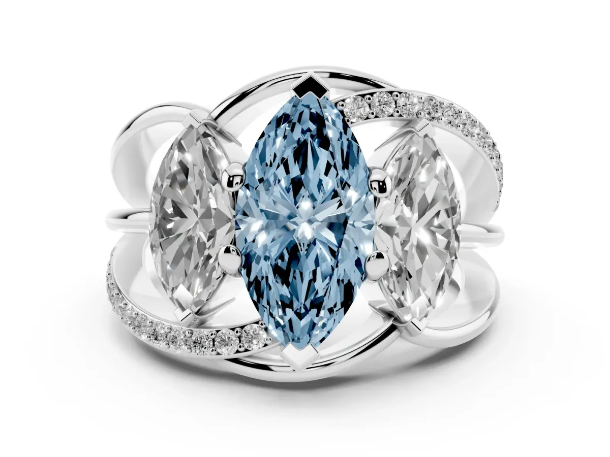 Fancy Blue Three-Stone Marquise Cut Cut Diamond Split Shank Prong Set Ring White gold