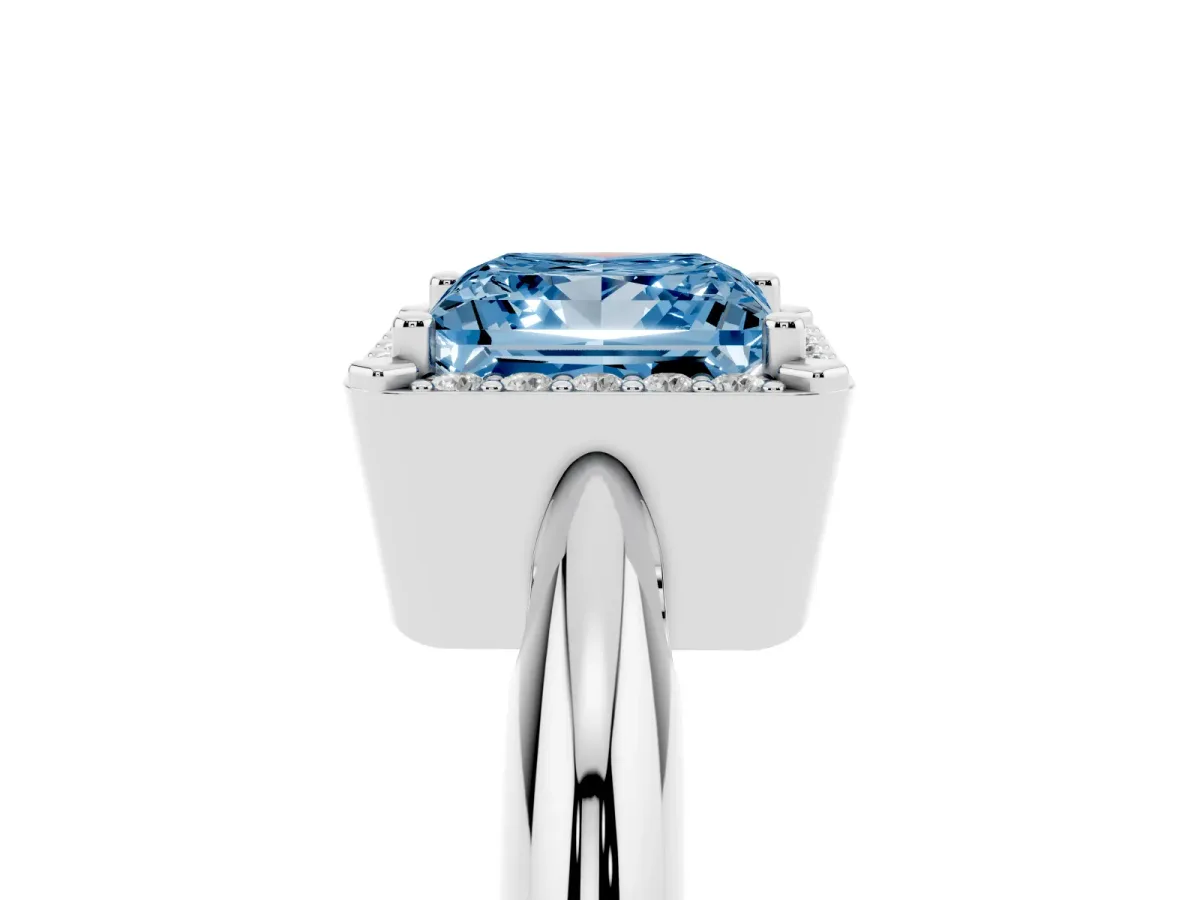 Fancy Blue Princess Cut Cut Diamond Halo Engagement Ring with Split Shank and Four-Prong Setting Silver
