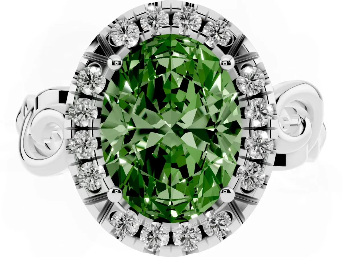 Fancy Green Oval Cut Cut Halo Diamond Ring with Scrollwork Band and Four-Prong Setting Silver