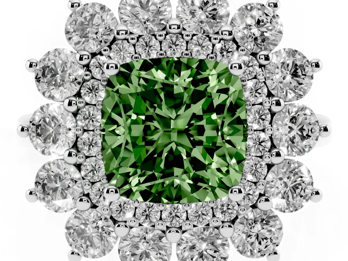 Fancy Green Cushion Cut Diamond Floral Double Halo Engagement Ring with Prong Setting Platinum