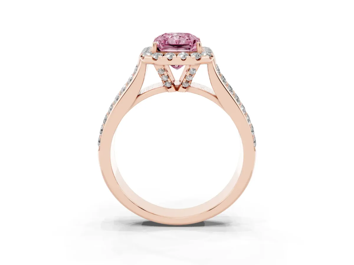 Fancy Pink Radiant Cut Halo Round Diamond Pave Band with Prong Setting Rose gold