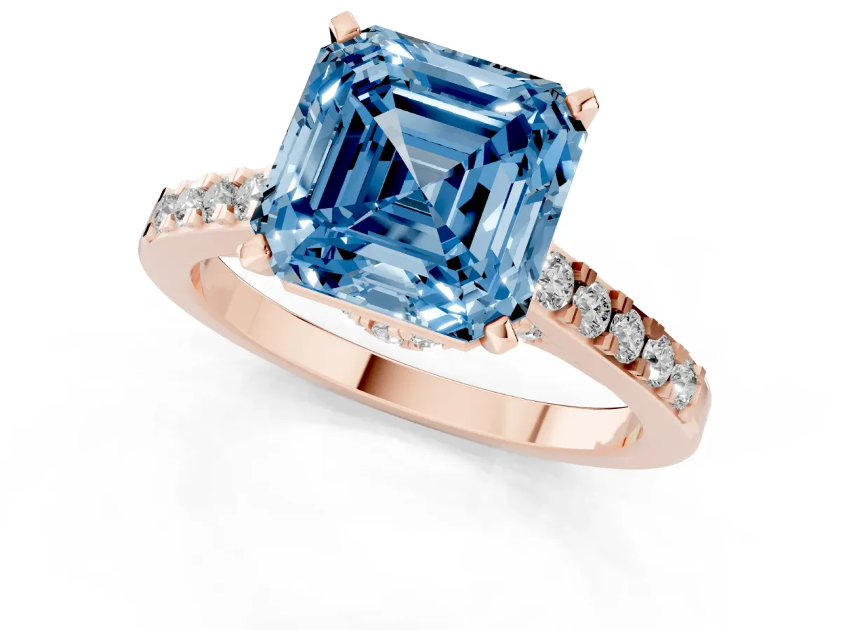 Fancy Blue Asscher Cut Diamond Solitaire Ring with Crossover Gallery and Round Pavé Band Rose gold
