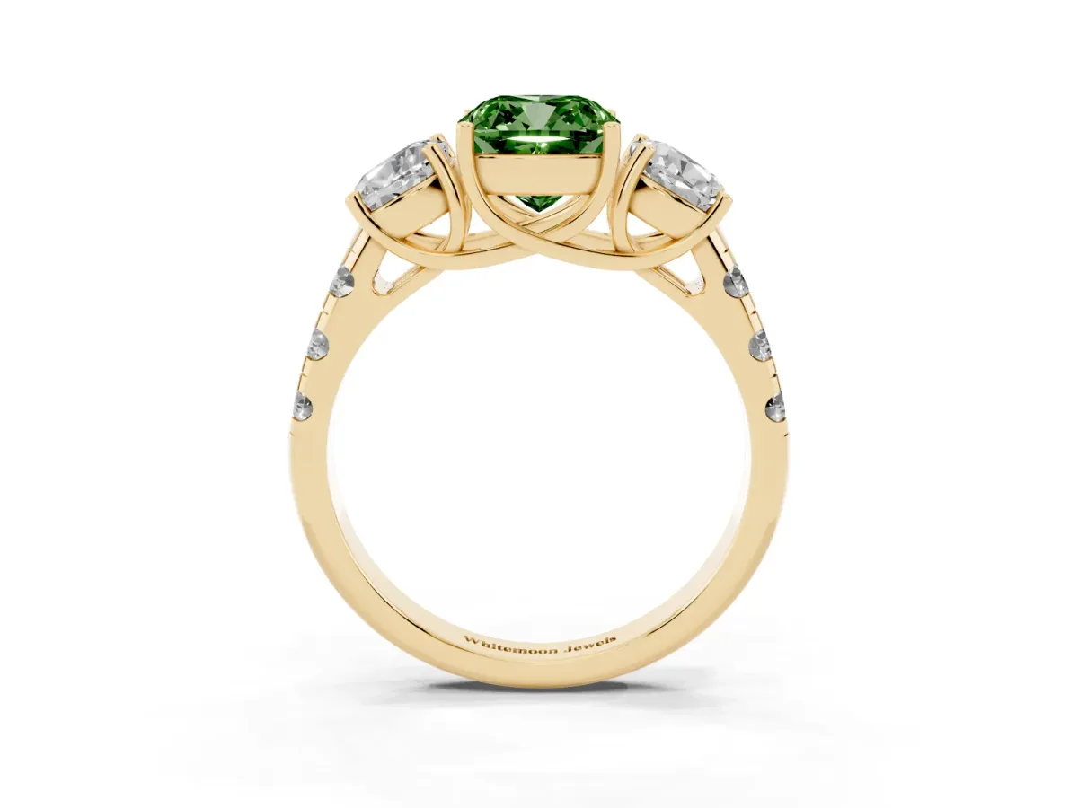 Fancy Green Three-Stone Cushion Cut Diamond Pavé Band with Prong Setting Yellow gold