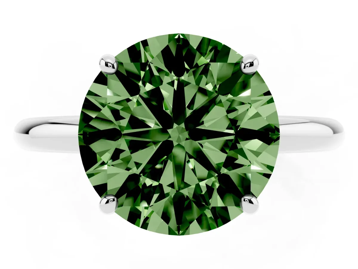 Fancy Green Round Cut Solitaire Diamond Ring with Four-Prong Setting on a Plain Band Platinum