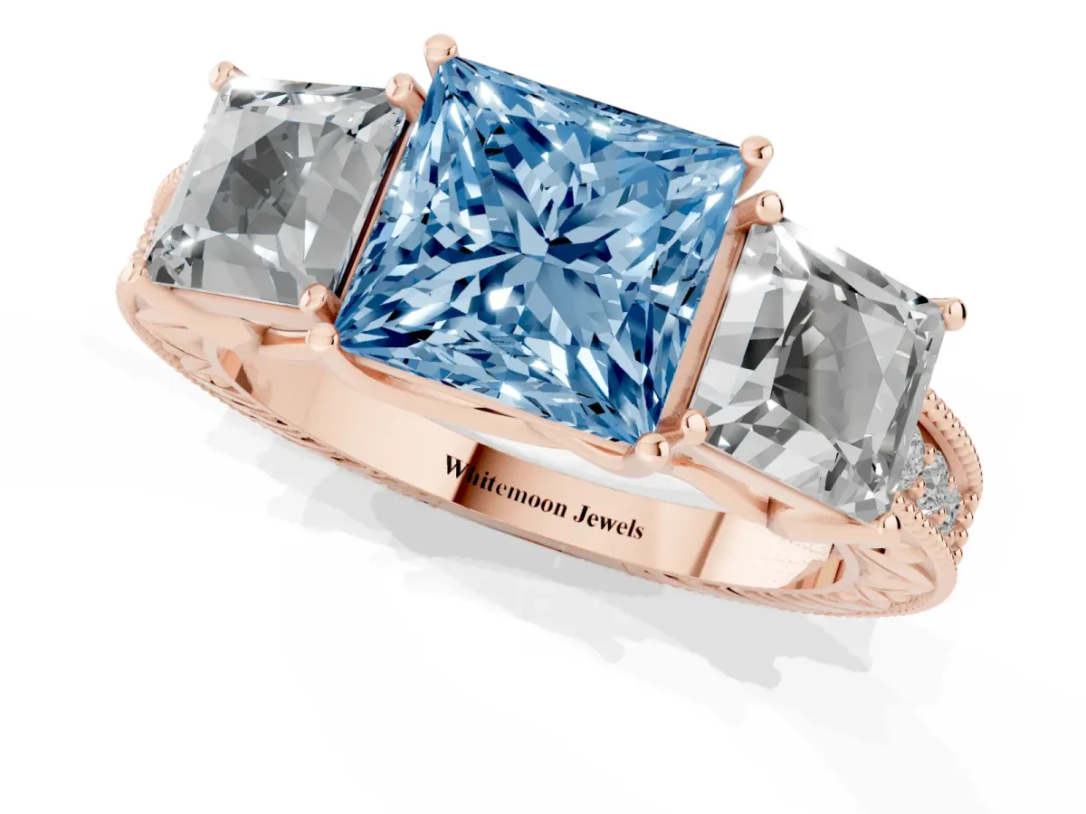 Fancy Blue Three-Stone Princess Cut Cut Milgrain Pavé Engagement Ring Rose gold