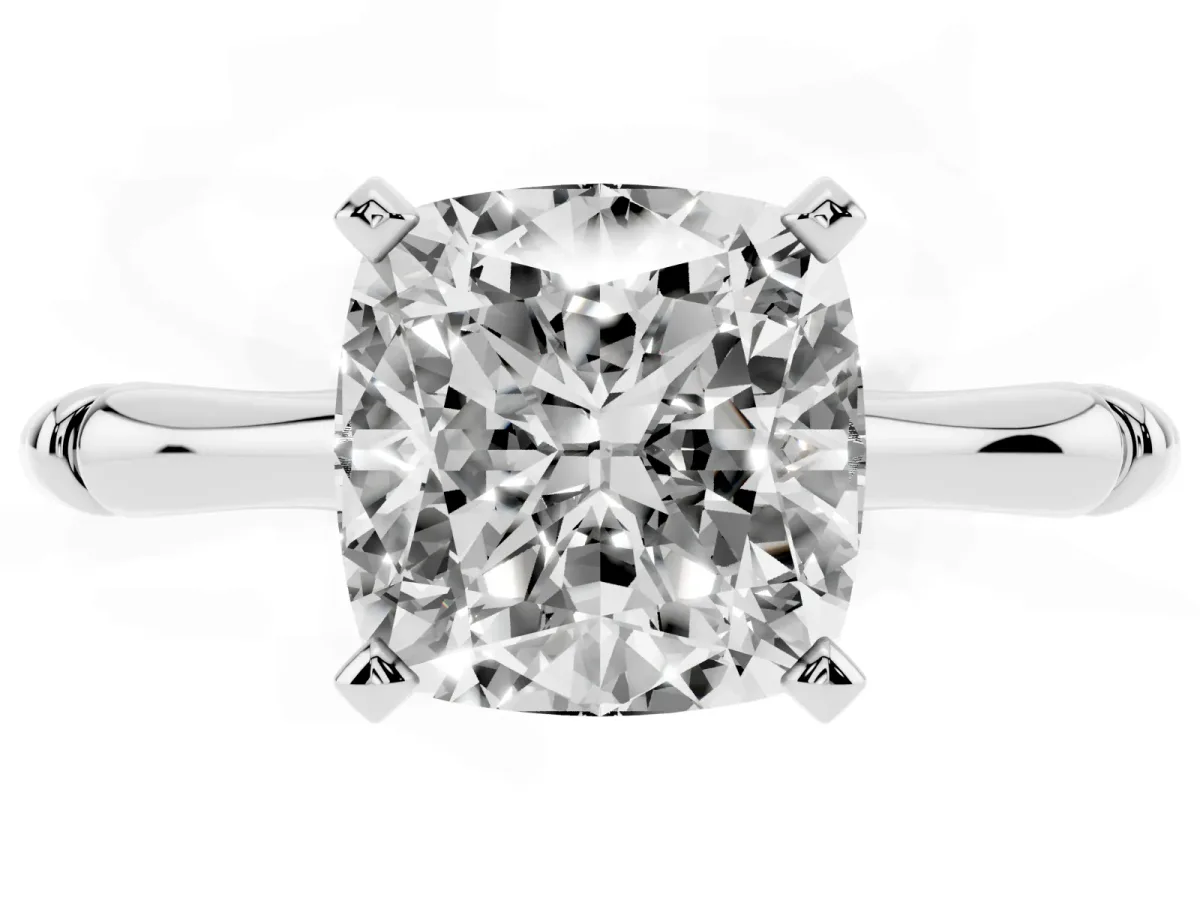 Cushion Cut Solitaire Diamond Ring with Bamboo Band and Four-Prong Setting Silver