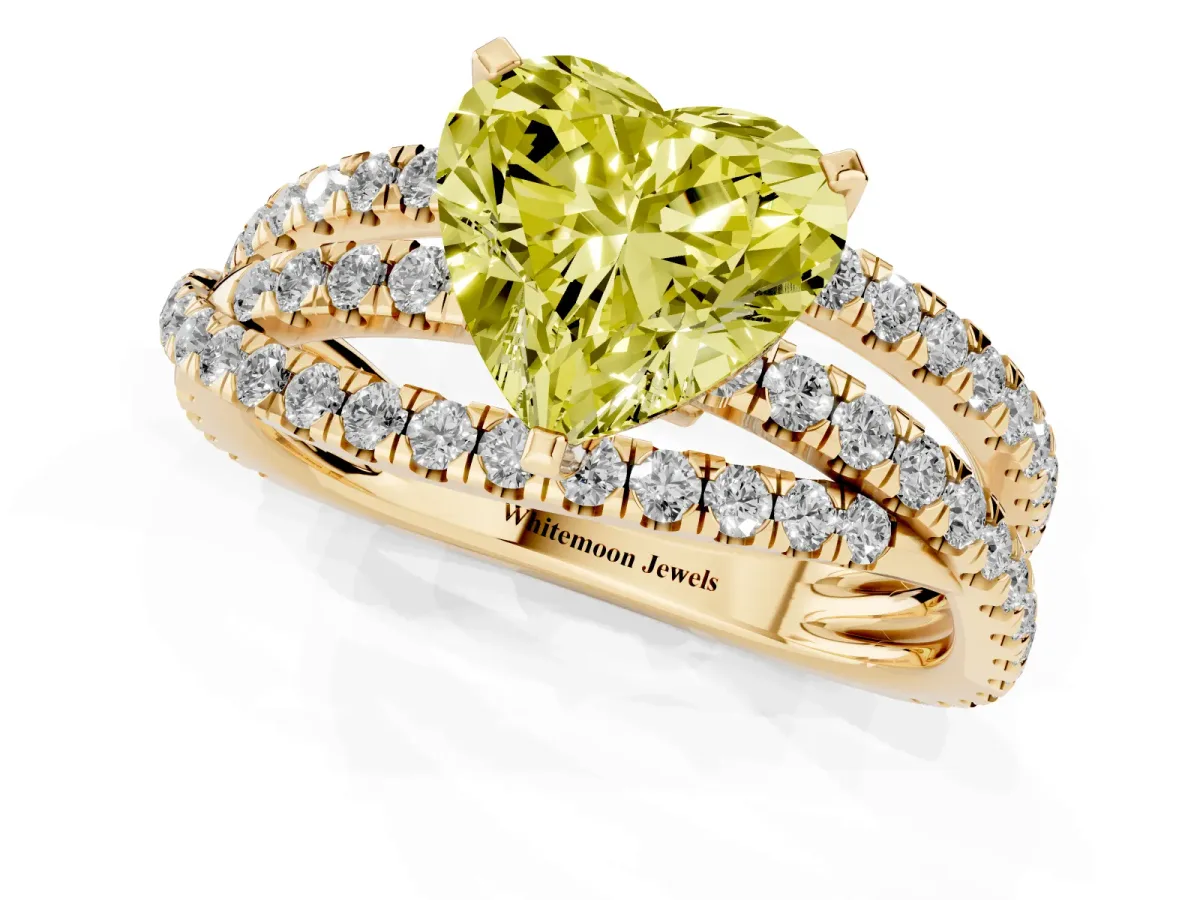 Fancy Yellow Heart Cut Solitaire Twist Band with Pavé Setting and Four-Prong Setting Yellow gold