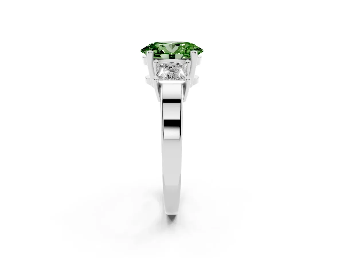 Fancy Green Three-Stone Oval Cut Cut Solitaire Ring with Prong Setting Platinum