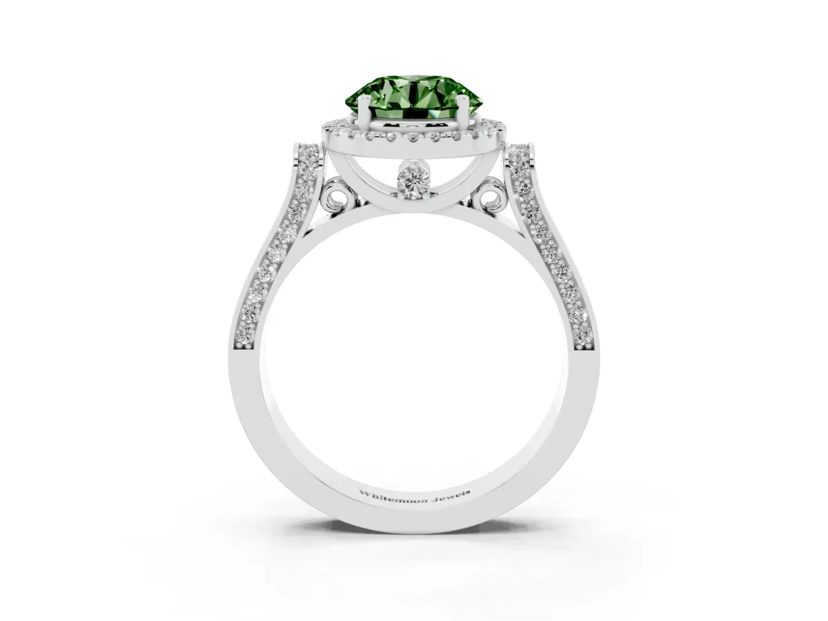Fancy Green Round Cut Halo Round Diamond Twist Band with Four-Prong Setting White gold