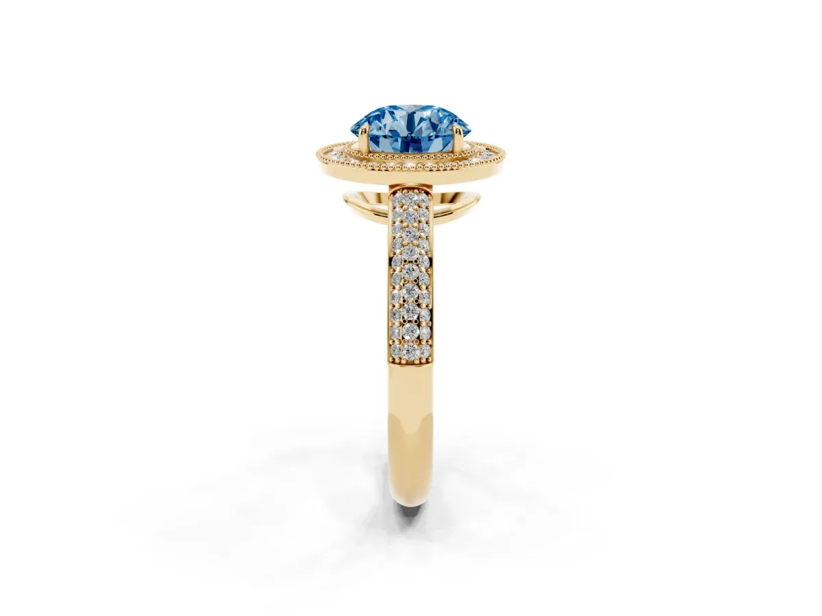 Fancy Blue Round Cut Cut Halo Diamond Pave Band with Four-Prong Setting Yellow gold