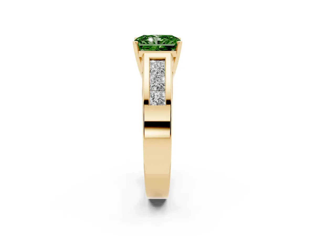 Fancy Green Radiant Cut Cut Channel Set Solitaire Ring with Four-Prong Setting Yellow gold