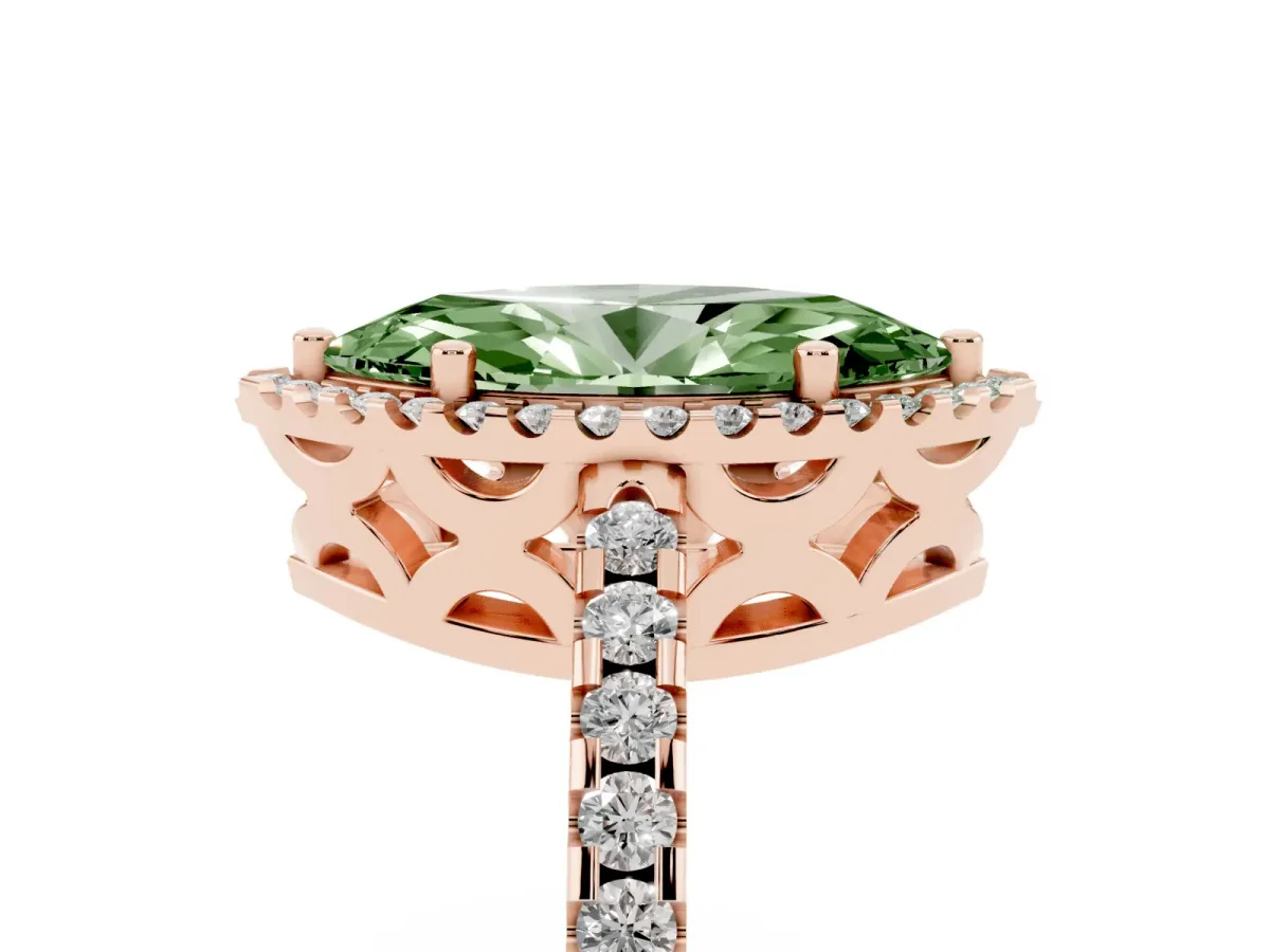 Fancy Green Marquise Cut Diamond Halo Engagement Ring with Pavé Band and Prong Setting Rose gold