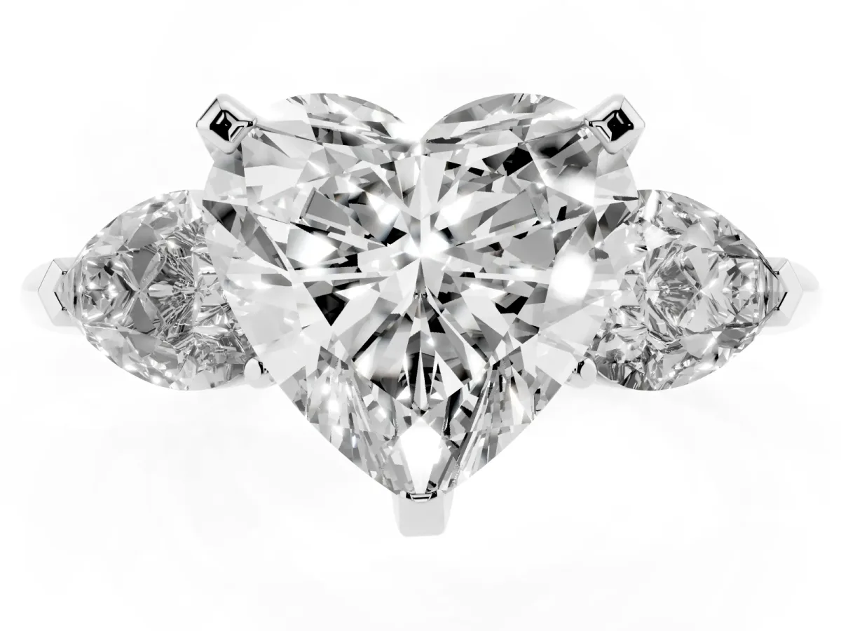 Three-Stone Heart Cut Diamond Ring with Pear Side Stones and Four-Prong Setting Platinum