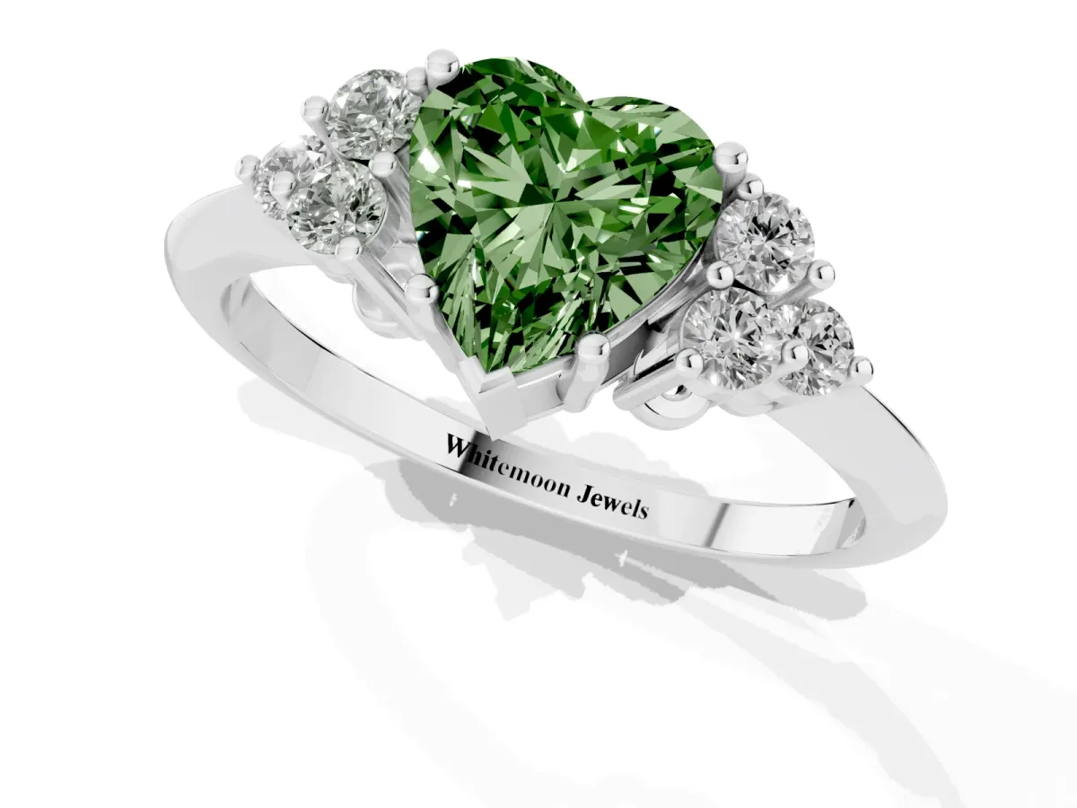 Fancy Green Heart Cut Cut Diamond Cluster Ring with Solitaire Band and Four-Prong Setting Silver