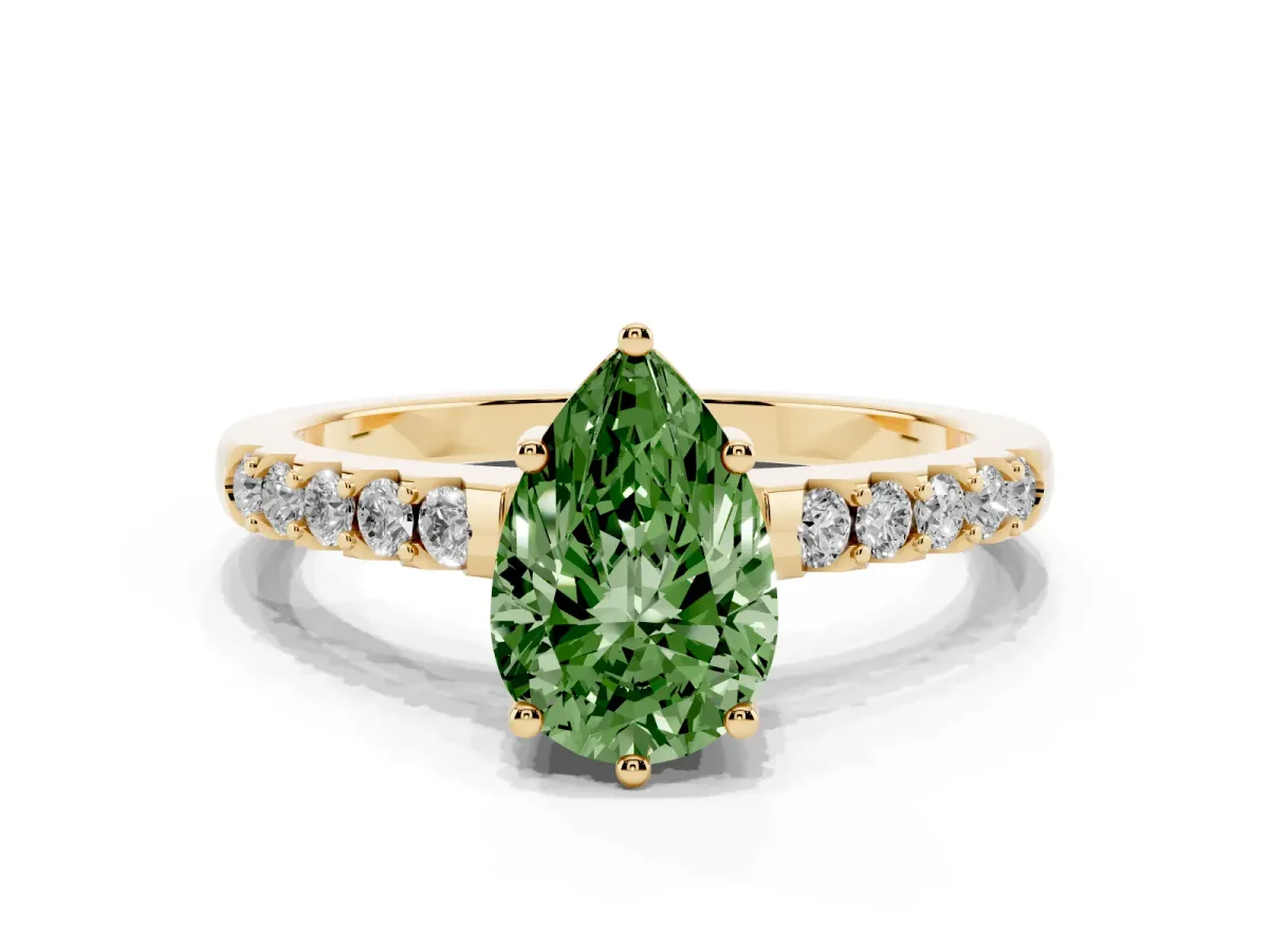 Fancy Green Pear Cut Solitaire Diamond Engagement Ring with Pavé Band and Six-Prong Setting Yellow gold