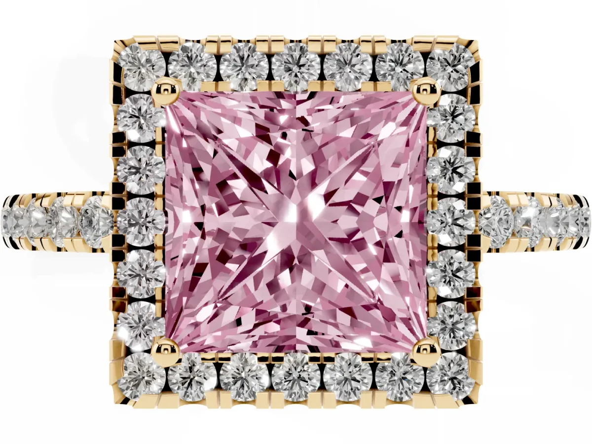 Fancy Pink Princess Cut Halo Diamond Engagement Ring with Pavé Band and Four-Prong Setting Yellow gold