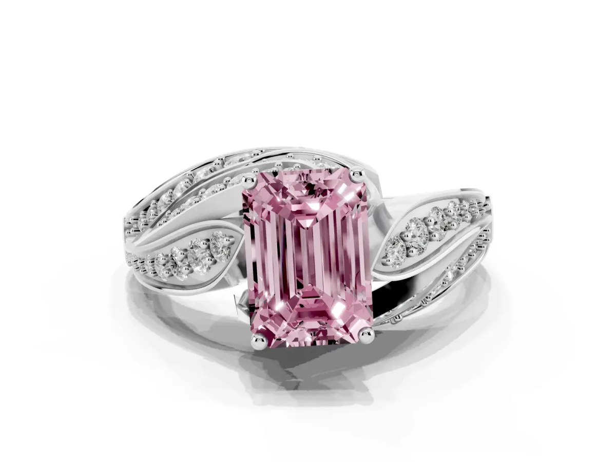 Fancy Pink Emerald Cut Diamond Solitaire Ring with Prong Setting and Twisted Pavé Band Silver